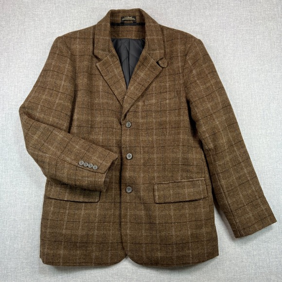 L.L. Bean Men's 42R Shetland Wool Brown Plaid Blazer Jacket Primaloft Lined